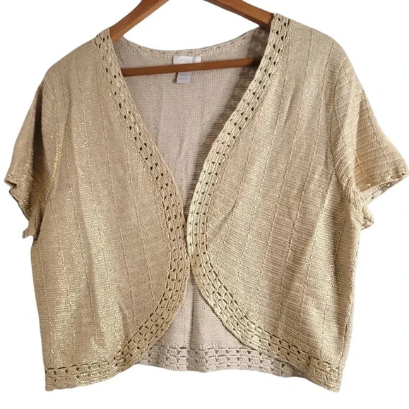 Chico's  size 2 cream gold crochet tight knit cropped sweater cardigan women's - Picture 2 of 10
